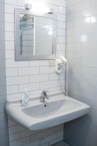 a bathroom with a white sink and a mirror at Domki Primore in Władysławowo