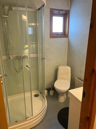 a bathroom with a shower and a toilet at Hafjell Alpinlandsby in Hafjell