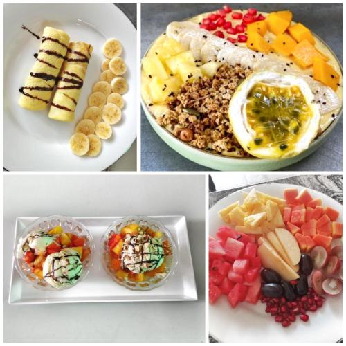 a collage of four pictures of plates of food at Polelanka guest house in Mirissa