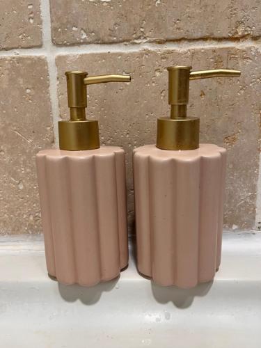 two pink soap dispensers sitting on top of a sink at Hypercentre Béthune - 4 pers - Parking privé in Béthune