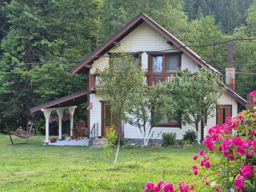 a small white house with flowers in the yard at Котедж "Хата край села" in Tatariv