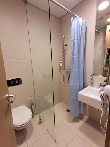 a bathroom with a shower and a toilet and a sink at Šiluvos piligrimų centras in Šiluva