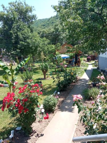 a garden with flowers and a sidewalk at Seosko turisticko domacinstvo Milanovic in Žuč