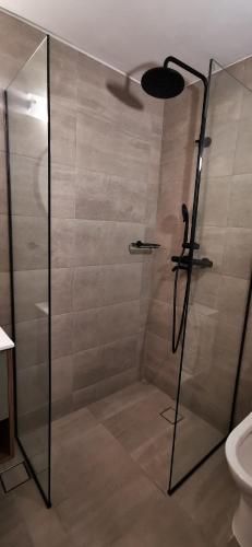 a shower with a glass door in a bathroom at Mairyren Luxury apartment in Ano Syros