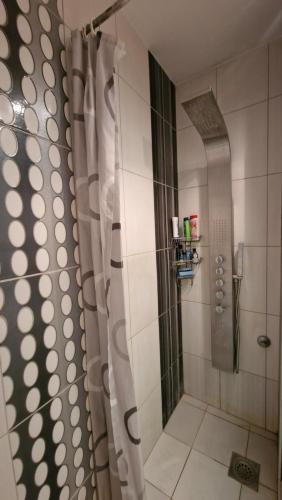 a shower with a shower curtain in a bathroom at Sava Centar in Novi Beograd