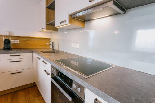 a kitchen with a sink and a stove at Pension Bergbauernhof Irxner in Schladming