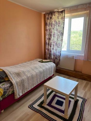 a small bedroom with a bed and a table at РІТО in Slavske