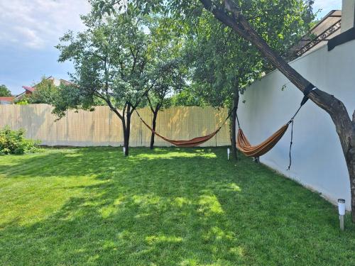 a hammock in a yard with trees and a fence at Ana & Roman Guesthouse - Beautiful Garden, Kid friendly in Oradea