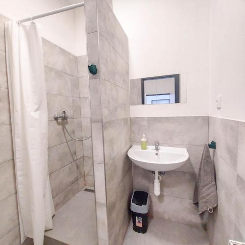 a bathroom with a sink and a shower with a shower curtain at Nový pokoj u Pražského výstaviště A3 in Prague