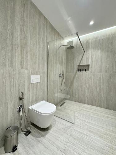 a bathroom with a shower with a toilet and a glass shower stall at Elis Apartment in Tirana