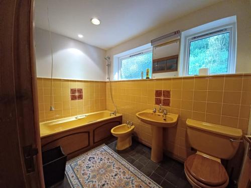 a bathroom with a toilet and a sink and a tub at Duddon Valley Retreat, Lake District National Park, Sleeps 7 in Broughton in Furness