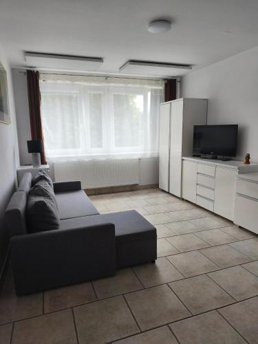 a living room with a couch and a television at Leśna Przystań in Rewal