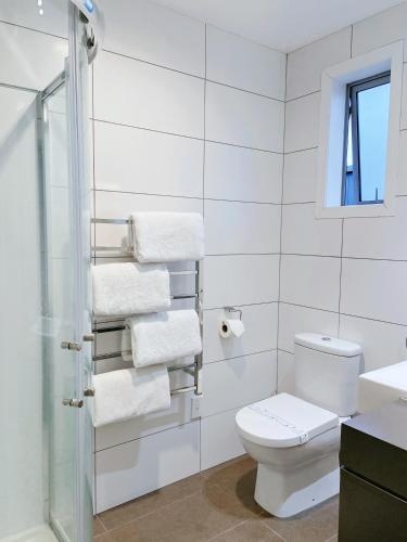 a bathroom with a toilet and a shower and towels at Anchorage Motel Apartments in Te Anau