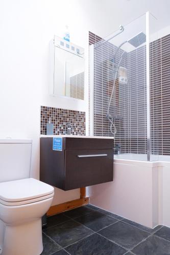 a bathroom with a toilet and a sink and a shower at Lakeview at Lodge Farm in Norwich