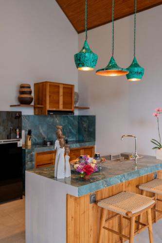 a kitchen with a counter with two statues on it at Greha Natha Villa Ubud in Ubud