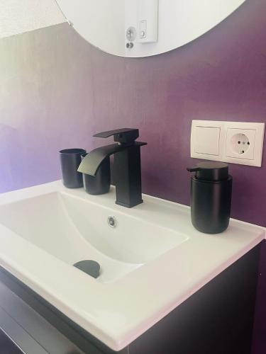 a bathroom sink with two black trash cans on it at Naturerlebnis direkt am Traumpfad in Andernach