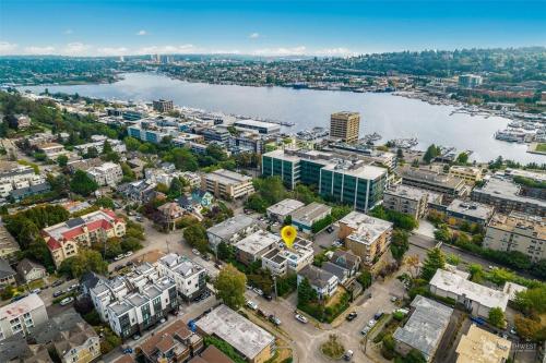 an aerial view of a city with a river and buildings at Walkable Seattle Gem Close To Everything condo in Seattle