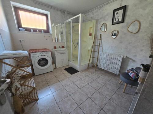 a bathroom with a shower and a washing machine at ZenVerand in Saint-Vérand