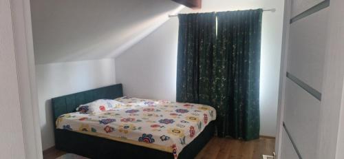 a bedroom with a bed with a green curtain at Casa Bella in Cicanesti