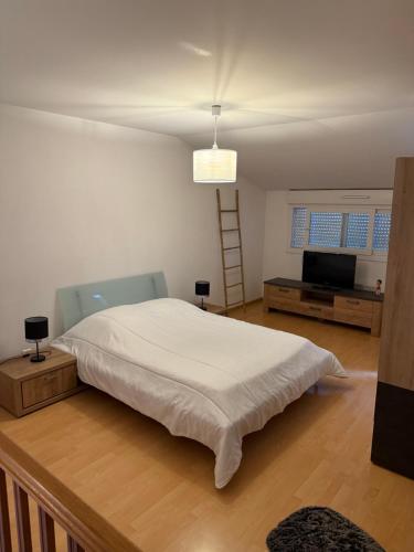 a white bedroom with a bed and a television at Appartement chaleureux in Remiremont