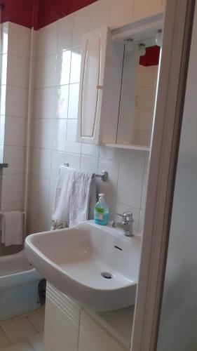 a bathroom with a white sink and a bath tub at B&B Apartment in Settimo Torinese