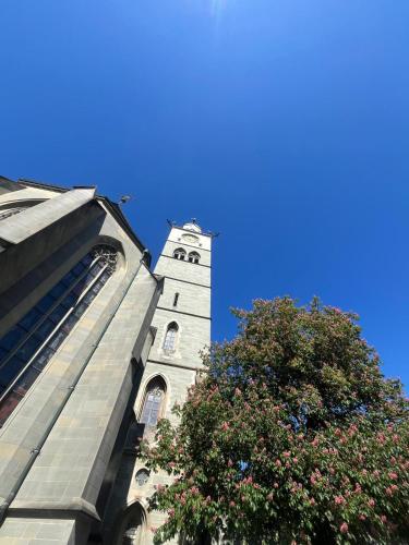 a tall tower with a tree in front of a building at NEU ... in 2 min. am Bodensee in Überlingen