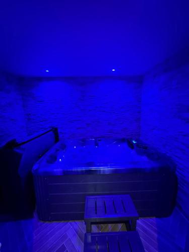 a blue room with a tub with a bench in it at RED SPARROW -T2 avec jacuzzi in Châteauroux