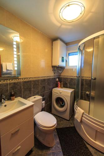a bathroom with a toilet sink and a washing machine at Yu&li Rose Apartments Adriatic in Bar