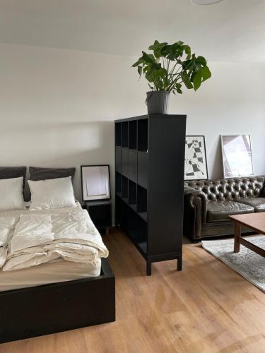 a bedroom with a bed with a plant on top of it at Schöne Wohnung in Bahnhofsnähe in Wels