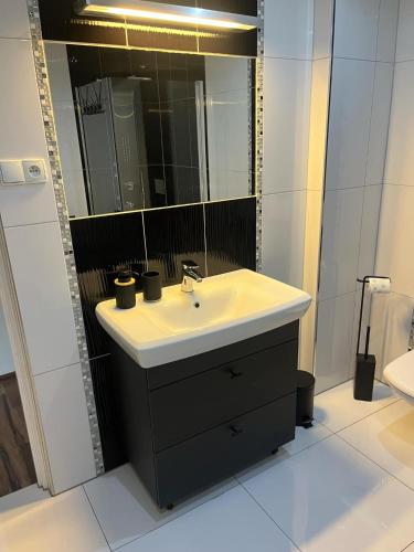 a bathroom with a sink and a mirror at Apartament Perła w Kłodzku in Kłodzko