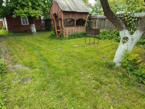 a yard with a wooden shed and a tree at Burshtyn in Svityazʼ
