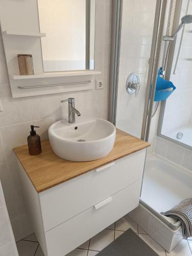 a bathroom with a white sink and a shower at Ferienwohnung am Kurwald, Nähe Kliniken, 88qm, Parkplatz in Bad Lippspringe