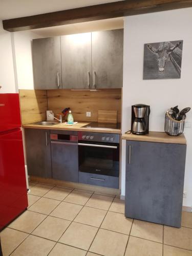 a kitchen with gray cabinets and a blue oven at Haus Obermaiselstein in Obermaiselstein