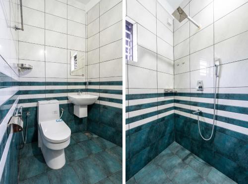 two pictures of a bathroom with a toilet and a sink at AIRNEST Airport Residency in Nedumbassery