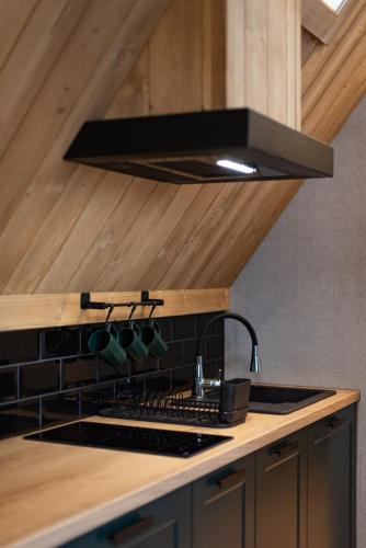 a kitchen with a stove top with a hood at Ośrodek Wypoczynkowy Bernadetta in Murzasichle