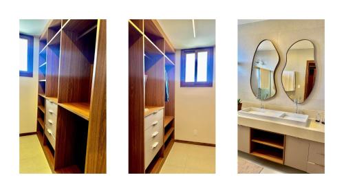 two pictures of a bathroom with a sink and a mirror at Casa com Vista MAR e LAGO em Alphaville Guarajuba in Barra de Jacuípe