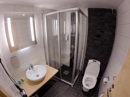 een badkamer met een douche, een wastafel en een toilet bij Hotel Ivalo in Ivalo