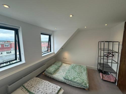 a bedroom with two beds and two windows at Kilby close in Edgware