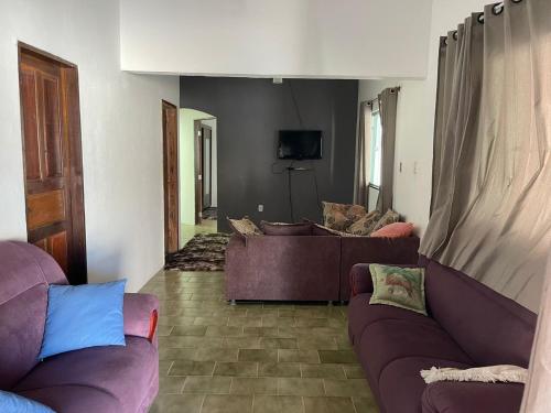 a living room with two purple couches and a tv at Casa em Prado Bahia in Prado