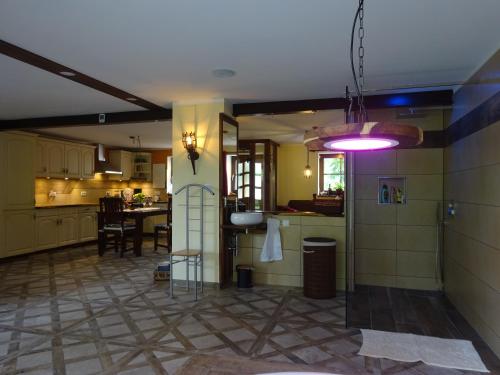 a kitchen and dining room with a dining table at Auszeit Posthausen in Machern