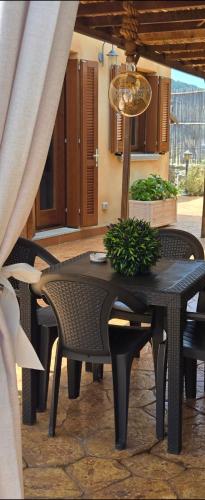 a black table and chairs with a plant on it at Affittacamere Il FIORE in Posada
