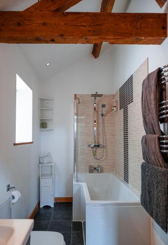 a bathroom with a tub and a toilet and a sink at The Courtyard at Lodge Farm in Norwich