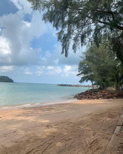 a beach with a tree and the ocean on a cloudy day at PD Dwharf The Bay Oceanview Suite in Port Dickson