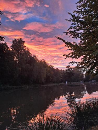 a sunset over a body of water with trees at Weddeloase in Medebach