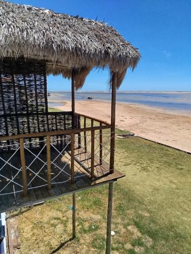 a straw hut on a beach with the ocean at Toca da Ilha in Itarema