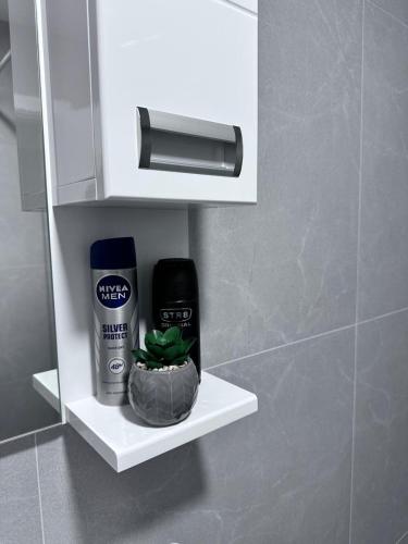 a bathroom shelf with toiletries and a plant on it at Primavera apartments Banja Koviljaca in Banja Koviljača