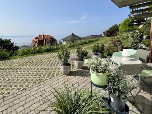 a patio with potted plants and a table and chairs at HostHelp - Le Petit-Catéchisme in Neuchâtel