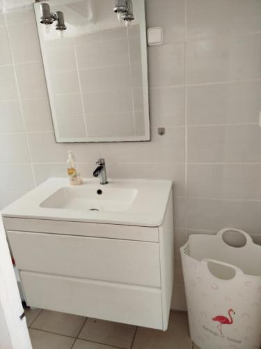 a bathroom with a sink and a mirror and a toilet at Appartement La Casa Verde in Llança