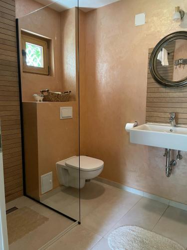 a bathroom with a toilet and a sink at Cabana Mistic in Bran