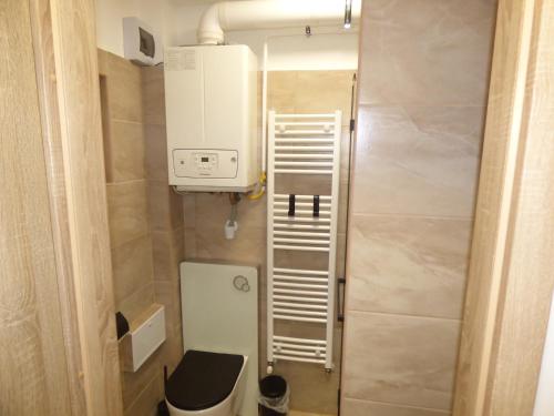 a small bathroom with a toilet in a room at Pogácsás II Apartman Tokaj in Tokaj